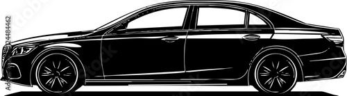 Stylized black outline illustration of a modern sedan car viewed from the side, showcasing its sleek design.