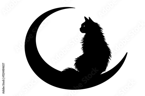 A silhouette of a cat sitting on a crescent moon, perfect for nighttime and mystical themes.