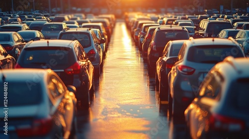 Crowded Parking Lot at Sunset with Shiny Cars for Sale and Rent in Automotive Industry