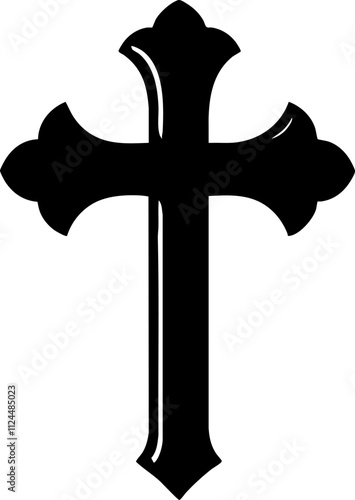 A black silhouette of a decorative cross symbolizing faith and spirituality, suitable for religious contexts and graphic designs.