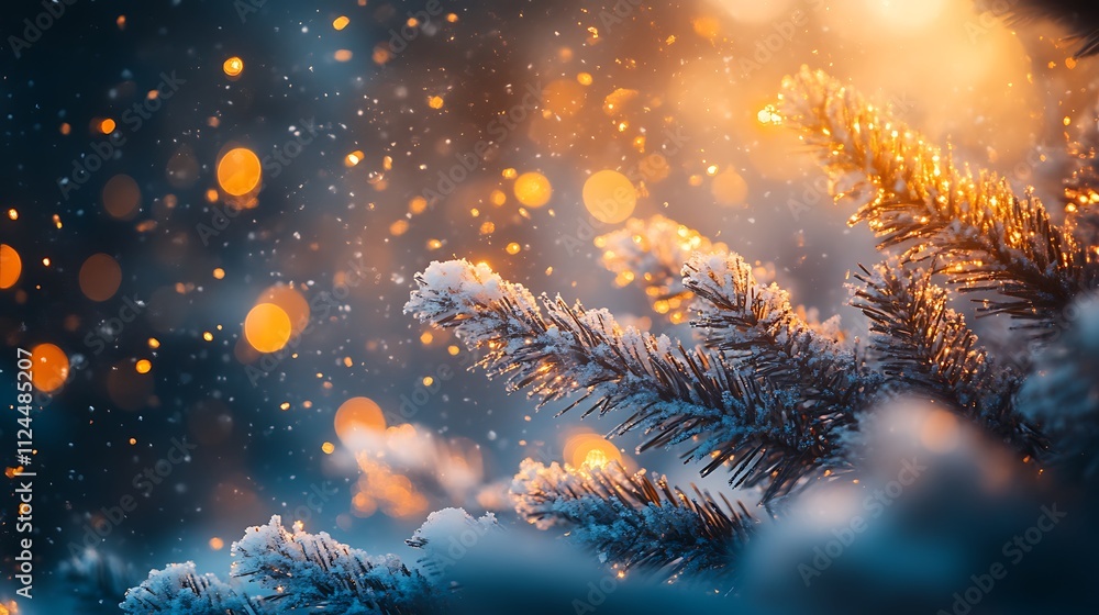 Winter evening snowfall pine trees nature serene close-up beauty Winter evening snowfall pine trees nature serene close-up beauty