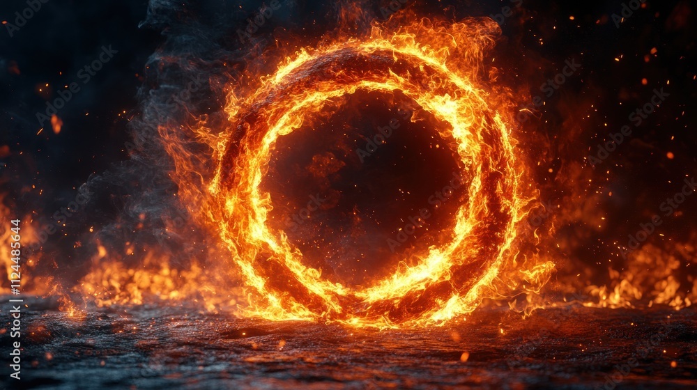 Dynamic Circle of Fire with Swirling Flames and High Contrast Lighting on Dark Background Dynamic Circle of Fire with Swirling Flames and High Contrast Lighting on Dark Background