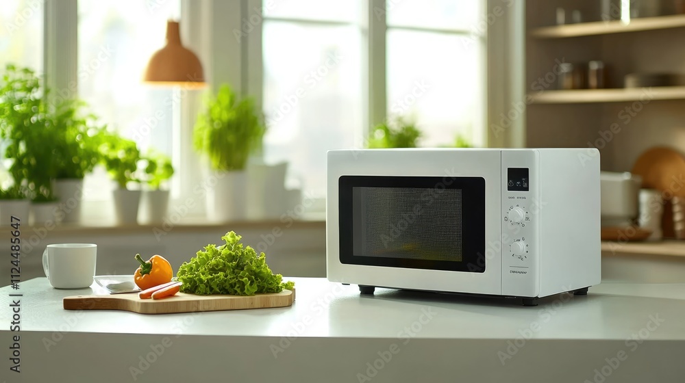 Modern Kitchen with Microwave and Fresh Ingredients Modern Kitchen with Microwave and Fresh Ingredients
