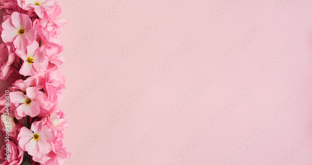 top view of a flower border on isolated soft pink background with copy space for text. For Valentine, Women's or Mother's day, banner, design, LinkedIn, etsy, social media, blog, presentation, cover top view of a flower border on isolated soft pink background with copy space for text. For Valentine, Women's or Mother's day, banner, design, LinkedIn, etsy, social media, blog, presentation, cover