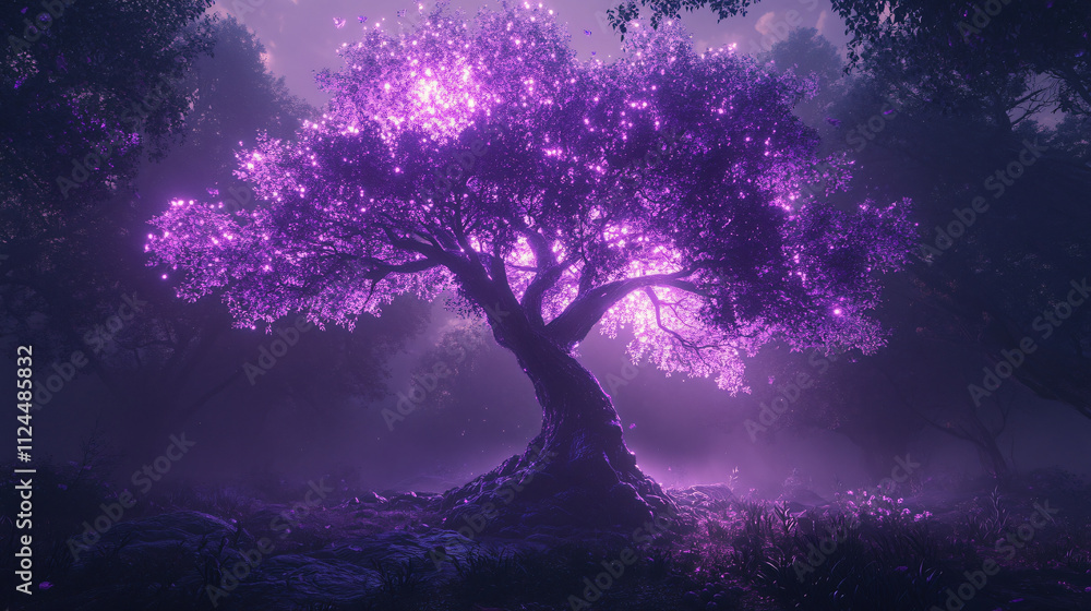 A glowing purple tree standing in a mystical forest, with luminous leaves and a fog-covered ground. A glowing purple tree standing in a mystical forest, with luminous leaves and a fog-covered ground.