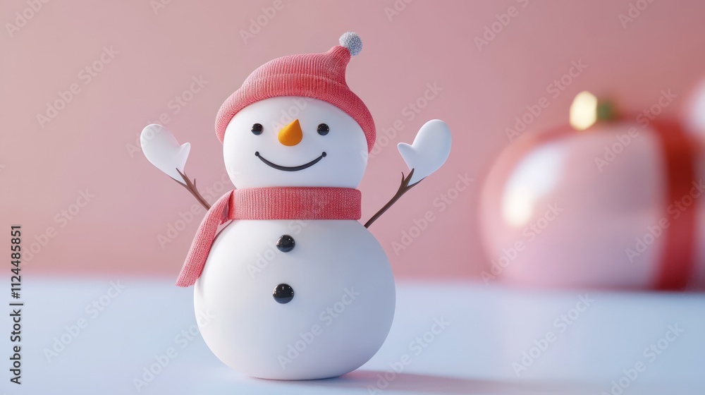 Cheerful Snowman Waving with Hat and Scarf on Blue Background Cheerful Snowman Waving with Hat and Scarf on Blue Background
