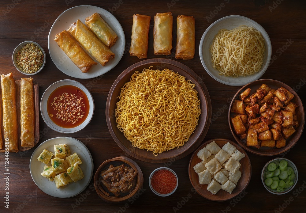 Vibrant Asian Cuisine Spread Featuring Noodles, Spring Rolls, Tofu, and Dipping Sauces on a Wooden Table Top, Perfect for Culinary and Dining Themes Vibrant Asian Cuisine Spread Featuring Noodles, Spring Rolls, Tofu, and Dipping Sauces on a Wooden Table Top, Perfect for Culinary and Dining Themes