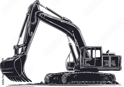 A detailed illustration of an excavator, showcasing its mechanical arm and bucket used for digging in construction and earthmoving.