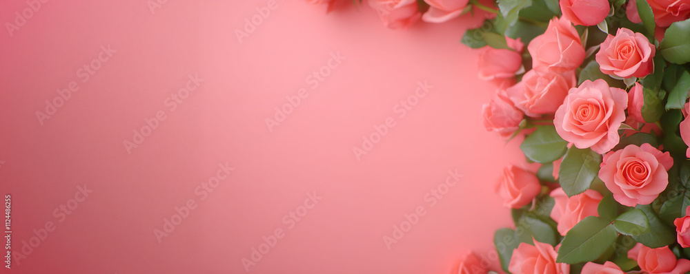 top view of a flower border on isolated soft pink background with copy space for text. For Valentine, Women's or Mother's day, banner, design, LinkedIn, etsy, social media, blog, presentation, cover top view of a flower border on isolated soft pink background with copy space for text. For Valentine, Women's or Mother's day, banner, design, LinkedIn, etsy, social media, blog, presentation, cover