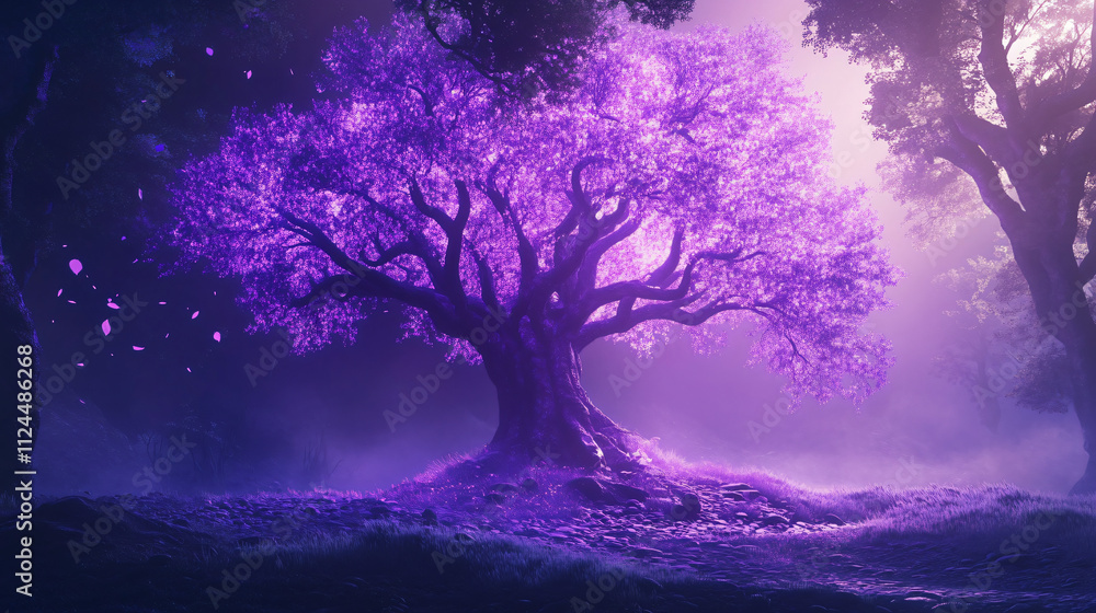 A glowing purple tree standing in a mystical forest, with luminous leaves and a fog-covered ground. A glowing purple tree standing in a mystical forest, with luminous leaves and a fog-covered ground.