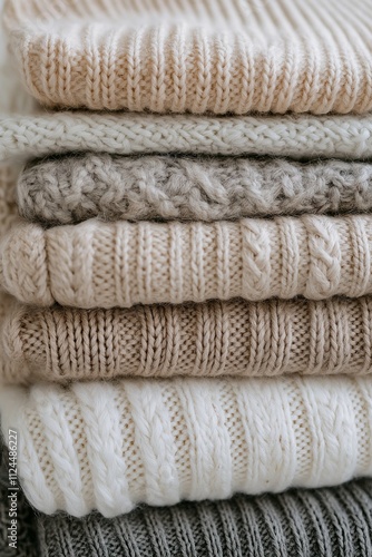 cozy stack of knitted sweaters in neutral colors, close-up view, showcasing texture and warmth, perfect for winter fashion, home decor, and holiday promotions.