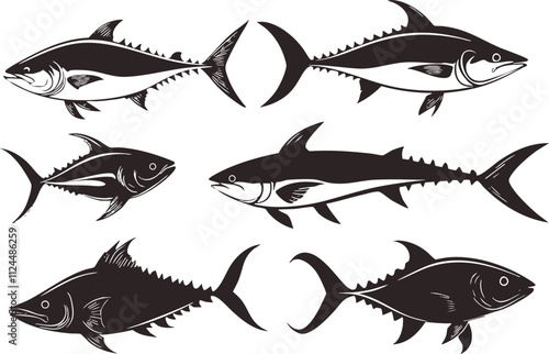 A collection of stylized black fish illustrations, showcasing various tuna species swimming in a dynamic aquatic design.