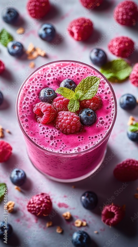 Fresh Raspberry Smoothie with Blueberries Mint and Yogurt in Glass Fresh Raspberry Smoothie with Blueberries Mint and Yogurt in Glass