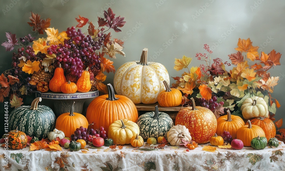 Vibrant Autumn Harvest Display with Pumpkins, Gourds, Grapes, and Colorful Leaves for Seasonal Decor and Thanksgiving Celebrations Vibrant Autumn Harvest Display with Pumpkins, Gourds, Grapes, and Colorful Leaves for Seasonal Decor and Thanksgiving Celebrations