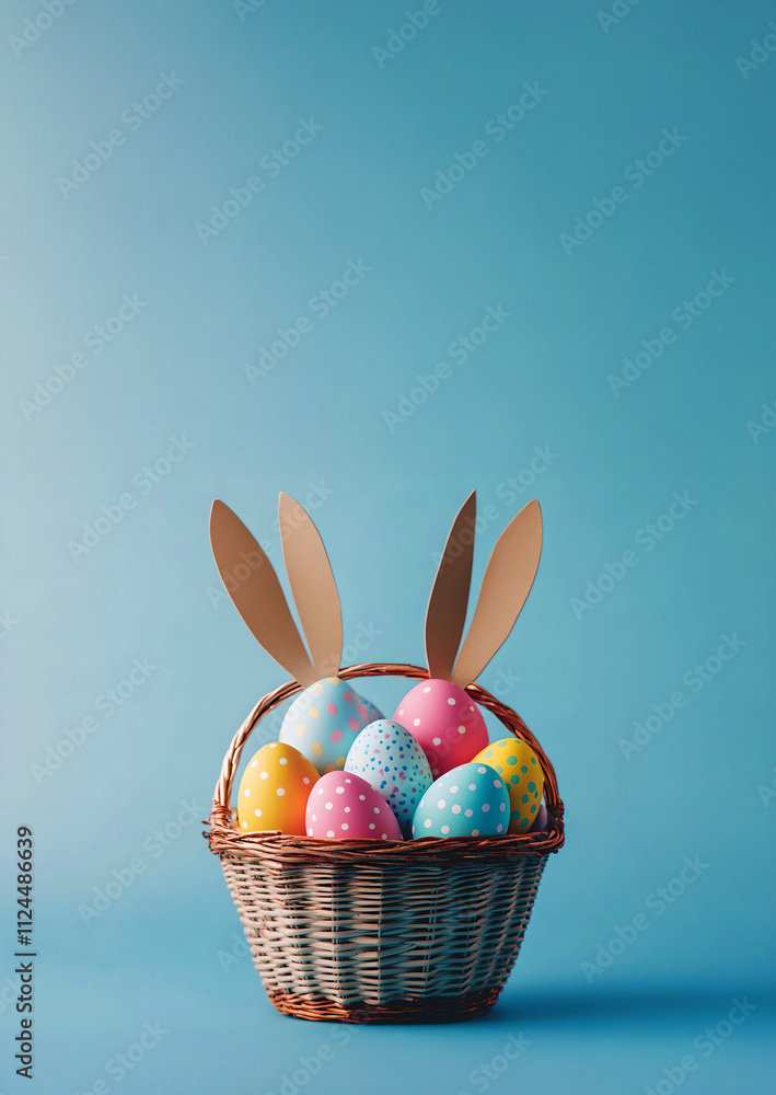 colorful easter eggs with rabbit's ears in a basket an isolated blue background. For design, banner, poster, menu, print, poster, etsy, postcard, linkedin, presentation. Copy space for text colorful easter eggs with rabbit's ears in a basket an isolated blue background. For design, banner, poster, menu, print, poster, etsy, postcard, linkedin, presentation. Copy space for text