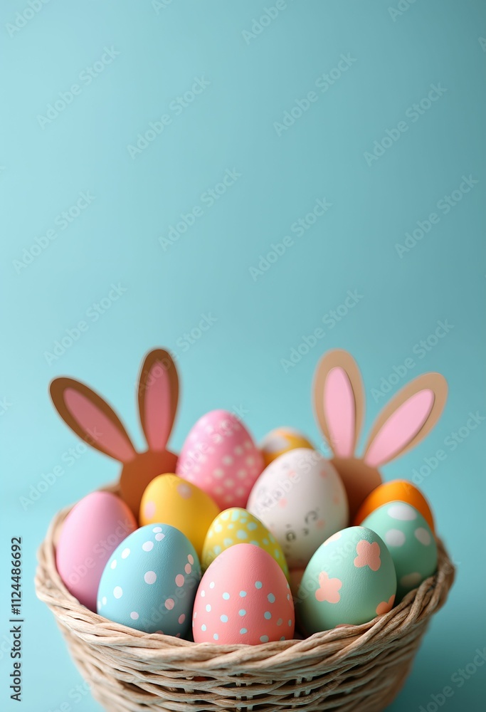 colorful easter eggs with rabbit's ears in a basket an isolated blue background. For design, banner, poster, menu, print, poster, etsy, postcard, linkedin, presentation. Copy space for text colorful easter eggs with rabbit's ears in a basket an isolated blue background. For design, banner, poster, menu, print, poster, etsy, postcard, linkedin, presentation. Copy space for text