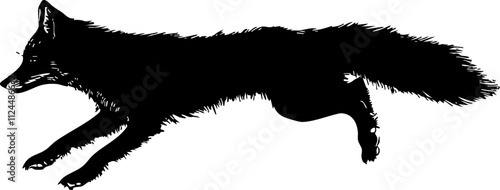 A stylized black silhouette of a fox, showcasing its sleek body and bushy tail, perfect for wildlife-themed designs.