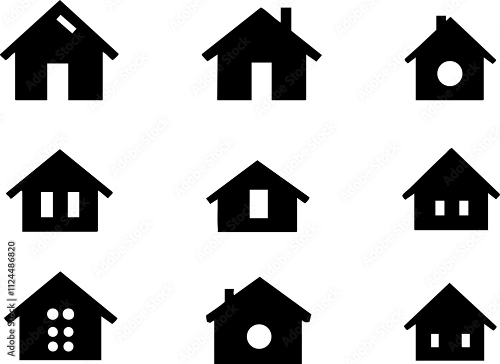 A collection of simple black and white house icons, ideal for architectural design and real estate themes. A collection of simple black and white house icons, ideal for architectural design and real estate themes.