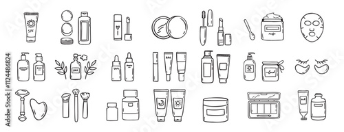 make up beauty doodle hand drawn icon set. Outline drawing cosmetics line clipart symbol