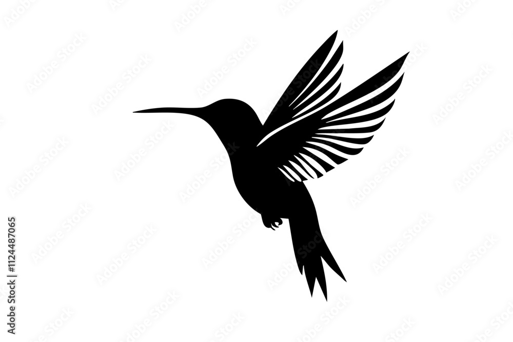 Obraz premium A striking silhouette of a hummingbird in flight, showcasing its wings and graceful form, ideal for nature-themed designs.