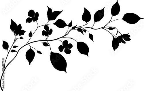 A decorative black silhouette of a vine with leaves and flowers, ideal for botanical and floral designs.