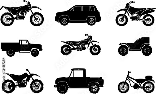 A collection of black silhouettes depicting various vehicles including motorcycles, SUVs, pickups, and all-terrain vehicles.