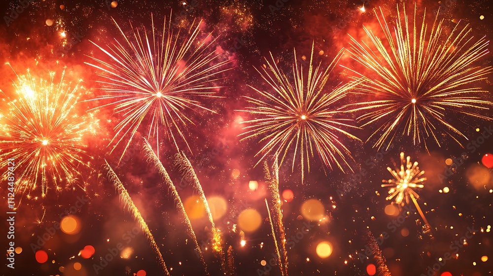 Obraz premium Celebratory fireworks display over city skyline nighttime festival