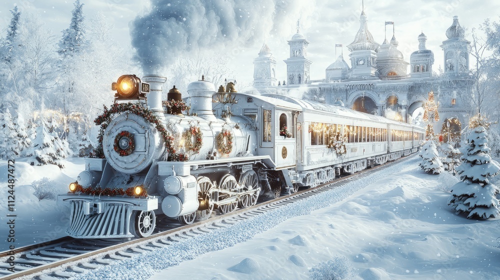 © Maulani - Festive white steam train arriving at a snow-covered fairytale castle station.