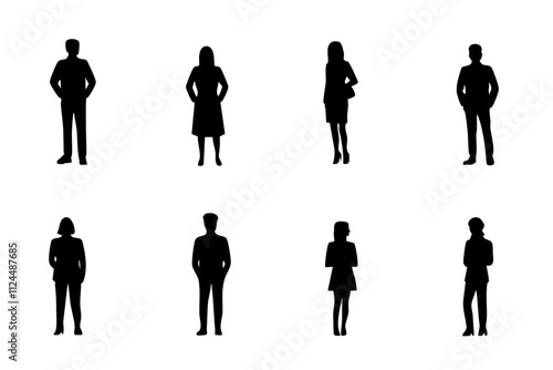 A collection of diverse silhouette figures representing both men and women in various professional poses and outfits.