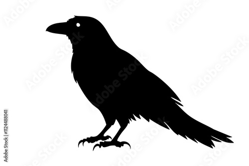 A detailed silhouette of a crow showcasing its distinctive features, perfect for nature-themed designs or illustrations. photo