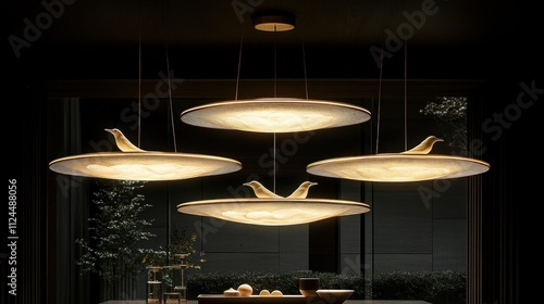 Elegant modern pendant lights with bird details, illuminating a dining room. photo