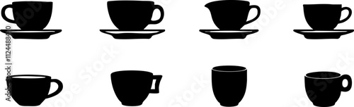 A collection of black and white silhouettes of various cups and mugs, perfect for coffee or tea themed designs.