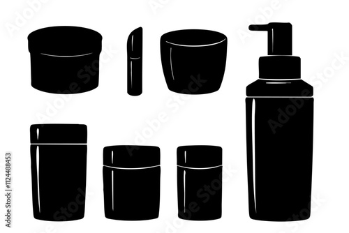 A collection of silhouetted cosmetic and skincare containers including jars, bottles, and lipstick for beauty-related designs.
