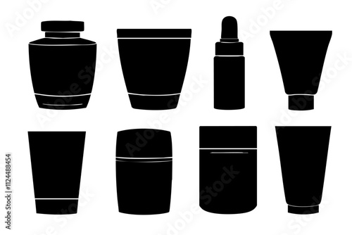 A collection of silhouette icons representing various skincare and cosmetic products, perfect for beauty and wellness design.