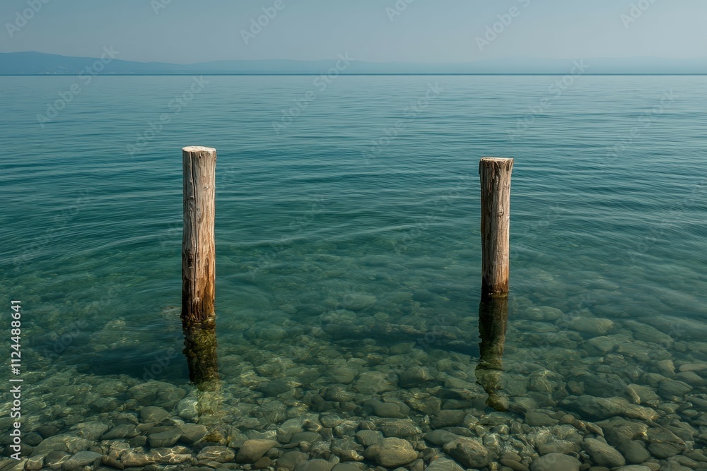 A pier juts into the mirror-like waters of Breton Bay, in Leonardtown, Maryland.. Beautiful simple AI generated image A pier juts into the mirror-like waters of Breton Bay, in Leonardtown, Maryland.. Beautiful simple AI generated image