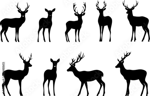 A collection of deer silhouettes showing various poses and antler configurations, ideal for wildlife-themed designs or illustrations.