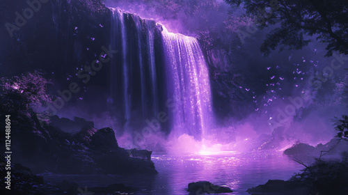 Wallpaper Mural A glowing purple waterfall cascading down into a serene mystical lake, surrounded by ethereal lights and soft mist. Torontodigital.ca