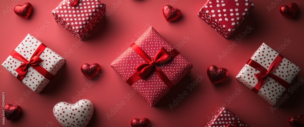 Vibrant Composition of Red and White Gift Boxes Surrounded by Heart Shapes for Valentine's Day or Romantic Celebrations on a Soft Pink Background Vibrant Composition of Red and White Gift Boxes Surrounded by Heart Shapes for Valentine's Day or Romantic Celebrations on a Soft Pink Background