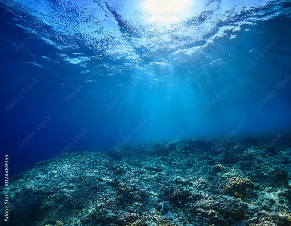 Obraz premium A stunning underwater scene with blue sunlight piercing the deep-sea abyss, creating tranquil patterns, ideal for marine-themed or nature-inspired visuals