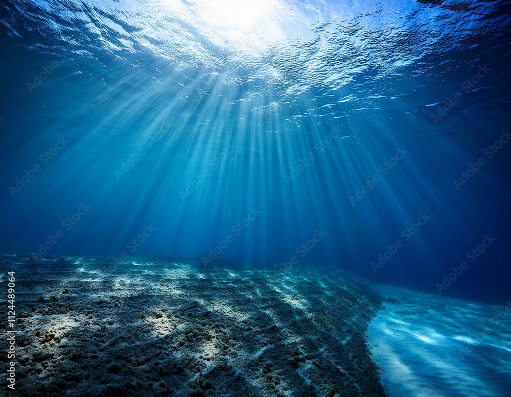 Obraz premium A stunning underwater scene with blue sunlight piercing the deep-sea abyss, creating tranquil patterns, ideal for marine-themed or nature-inspired visuals