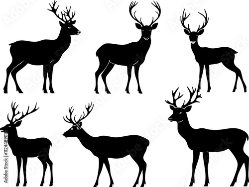 A collection of deer silhouettes showcasing various poses and antler configurations, ideal for wildlife-themed designs or nature illustrations.