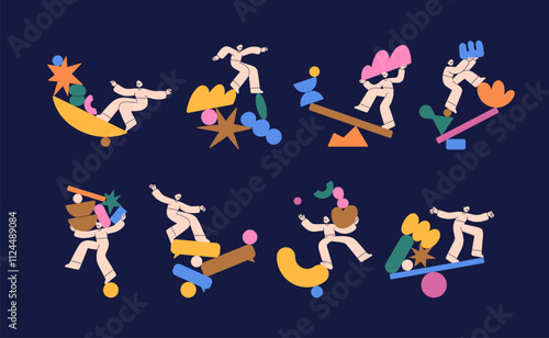 Instability and risk concept. People balancing on unstable insecure abstract geometric shapes. Imbalance, danger, unsteady risky insecurity, equilibrium problem. Isolated flat vector illustrations