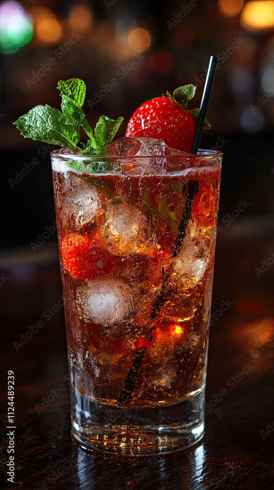 Refreshing cocktail with mint and strawberries served in a glass on a bar counter at night Refreshing cocktail with mint and strawberries served in a glass on a bar counter at night