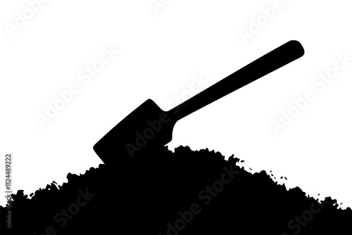 A black silhouette of a shovel digging into a pile of dirt, representing gardening or construction activities.