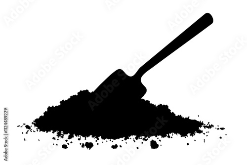 A silhouette of a shovel resting on a pile of dirt, symbolizing gardening and landscaping activities.