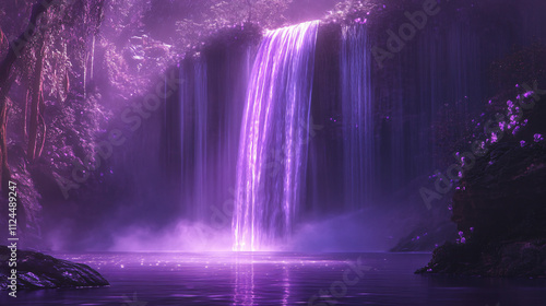 Wallpaper Mural A glowing purple waterfall cascading down into a serene mystical lake, surrounded by ethereal lights and soft mist. Torontodigital.ca