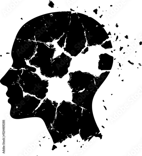 A fragmented silhouette of a human head, symbolizing broken thoughts or mental processes, ideal for psychological concepts.