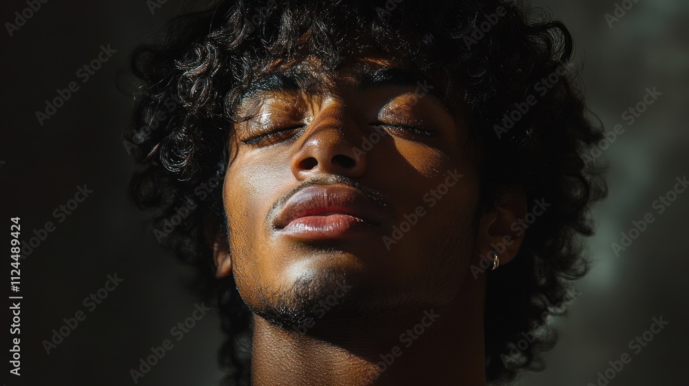 Curly Haired Portrait with Chiaroscuro Lighting Emphasizing Neck and Shoulder in Minimalist Style Curly Haired Portrait with Chiaroscuro Lighting Emphasizing Neck and Shoulder in Minimalist Style