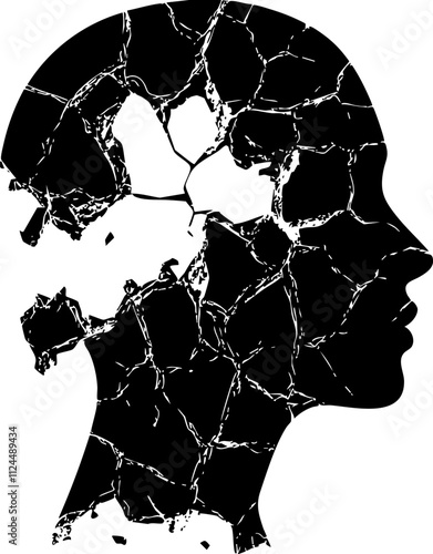 An abstract silhouette of a human head with a cracked and broken surface, symbolizing mental struggles and creativity.
