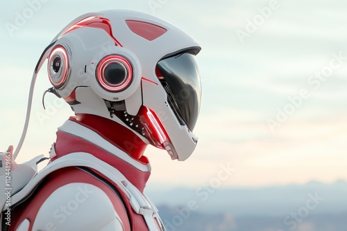 Futuristic astronaut helmet showcases advanced design against a serene extraterrestrial landscape at dusk photo